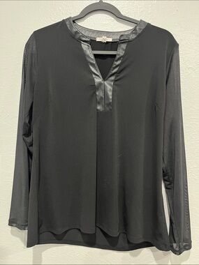 Maurices Black Long-Sleeve V-Neck Blouse with Faux Leather Trim